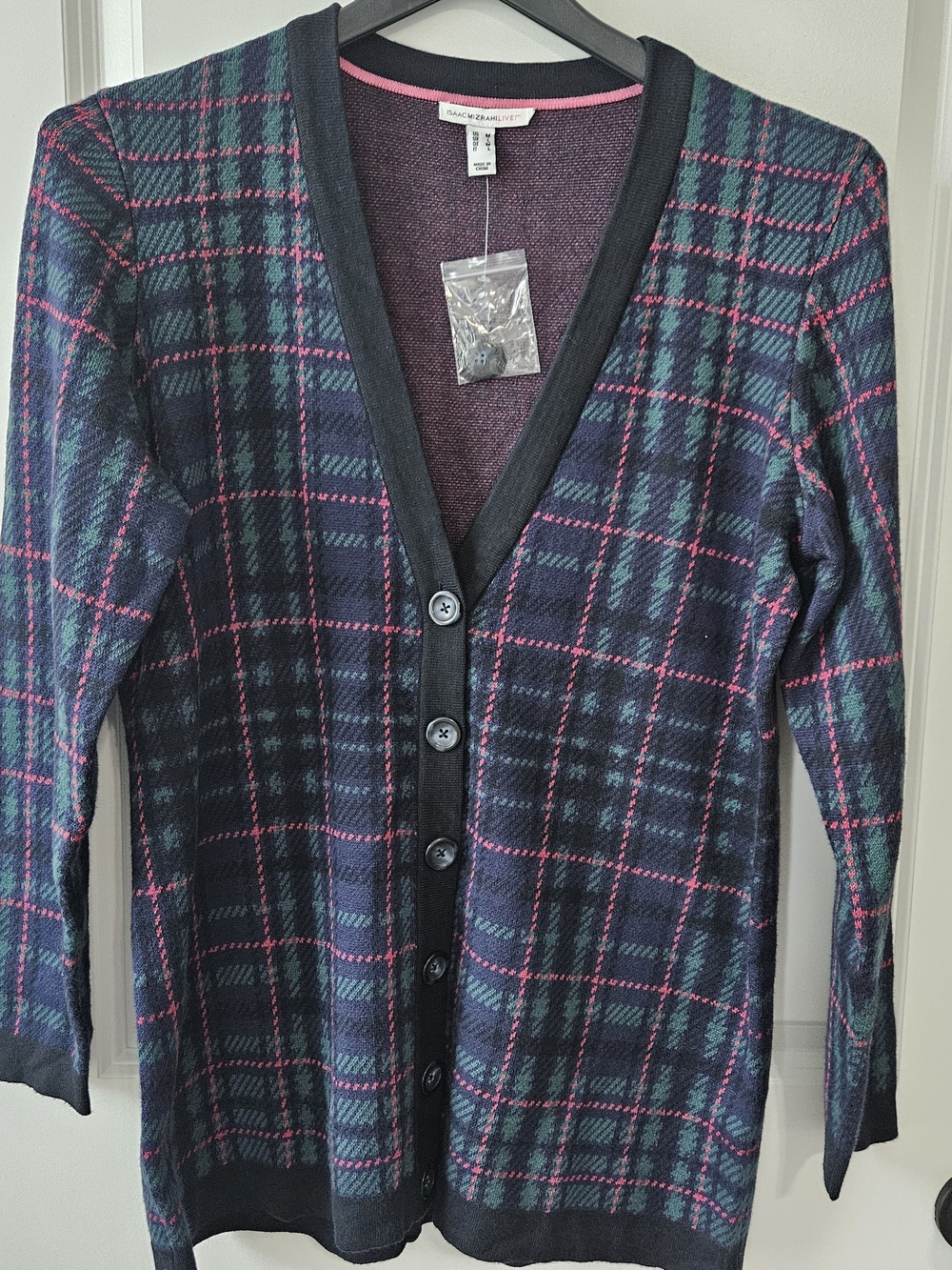 Isaac Mizrahi Navy Plaid Button-Front Cardigan with Pink Trim